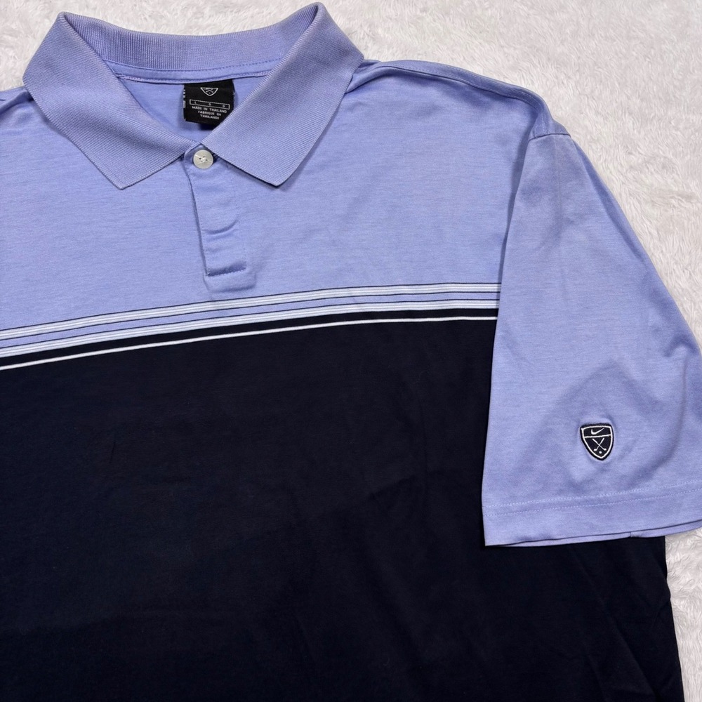 Nike Golf Polo Shirt Mens L Purplish Blue Colorblock Striped Logo Shield Cotton